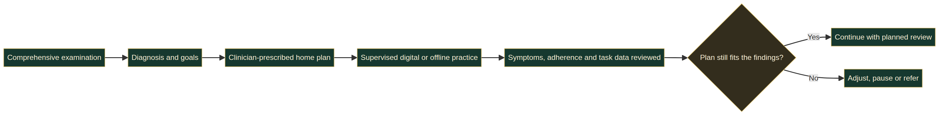 Educational workflow showing online vision therapy from comprehensive examination and diagnosis through clinician-prescribed home practice, supervision, review, and plan adjustment